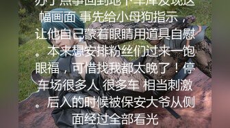 办了点事回到地下车库发现这幅画面 事先给小母狗指示，让他自己蒙着眼睛用道具自慰。本来想安排粉丝们过来一饱眼福，可惜找我都太晚了！停车场很多人 很多车 相当刺激。后入的时候被保安大爷从侧面经过全部看光